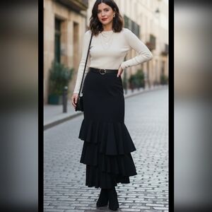 Samuel Dong Black Asymmetric Ruffle Maxi Skirt XS